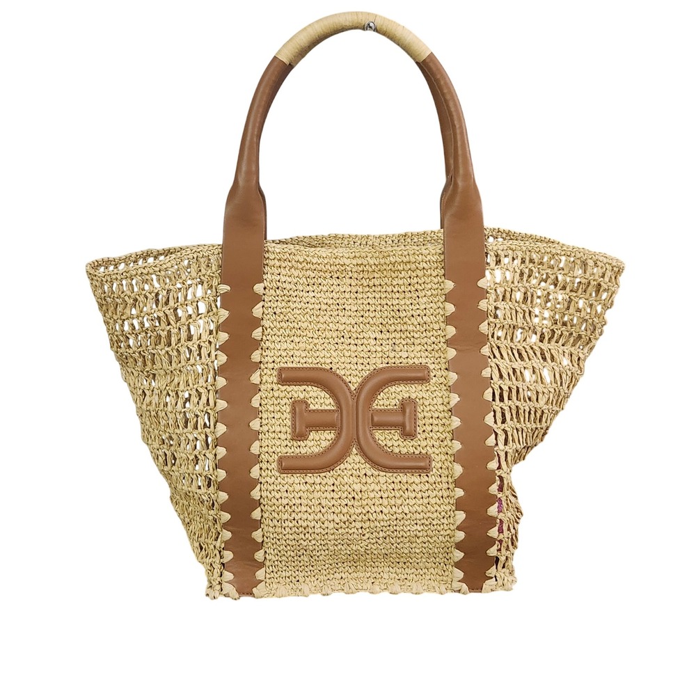 Sam Edelman Marley Woven Raffia Tote Bag  Faux Leather Trim Summer Beach